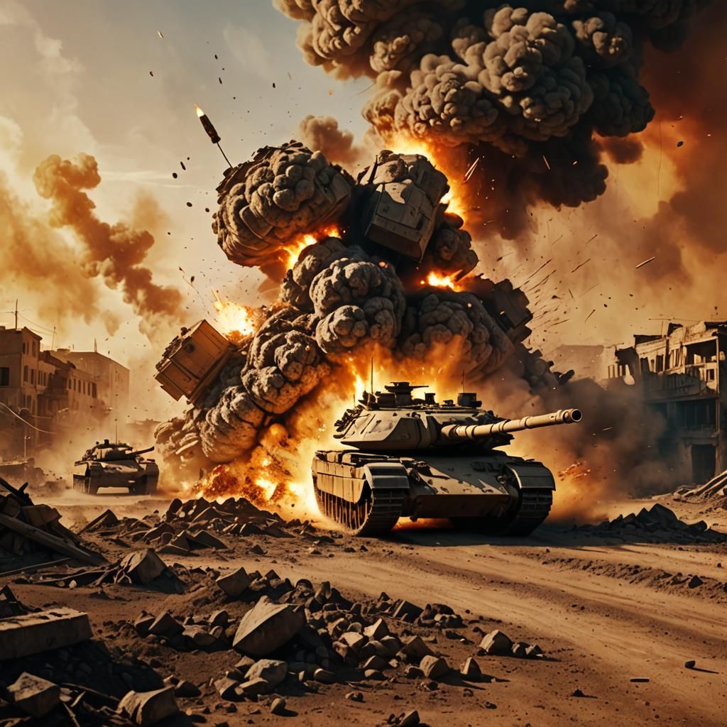 Tank Explodes on Battlefield in Digital Art