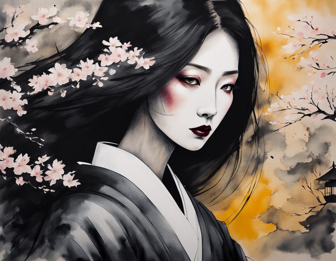 Ink Wash Warrior Woman Under Cherry Blossoms