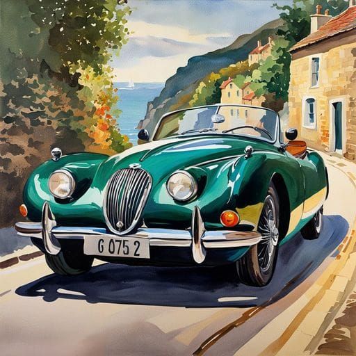 Jaguar on British Road in Gouache Impressionist Style