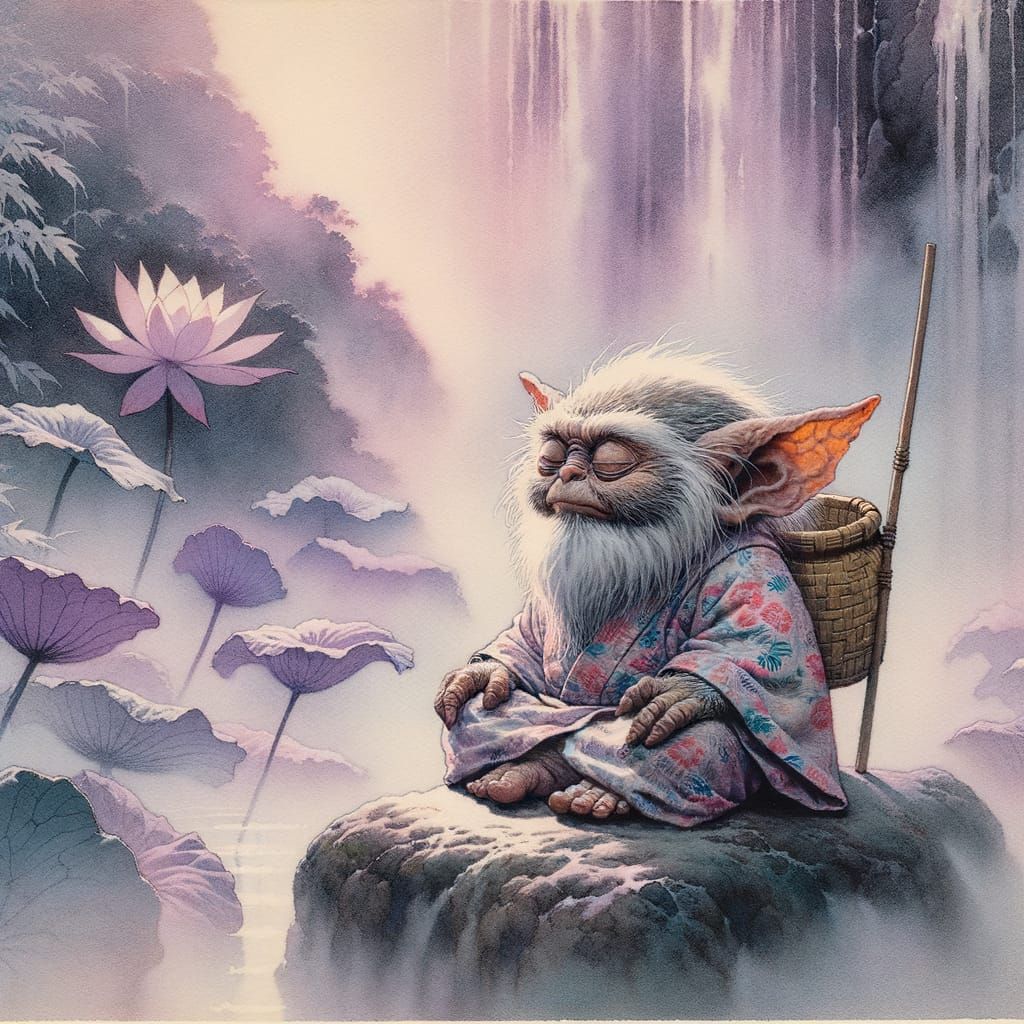 Elderly Gremlin Meditating in Ukiyo-e Dreamscape