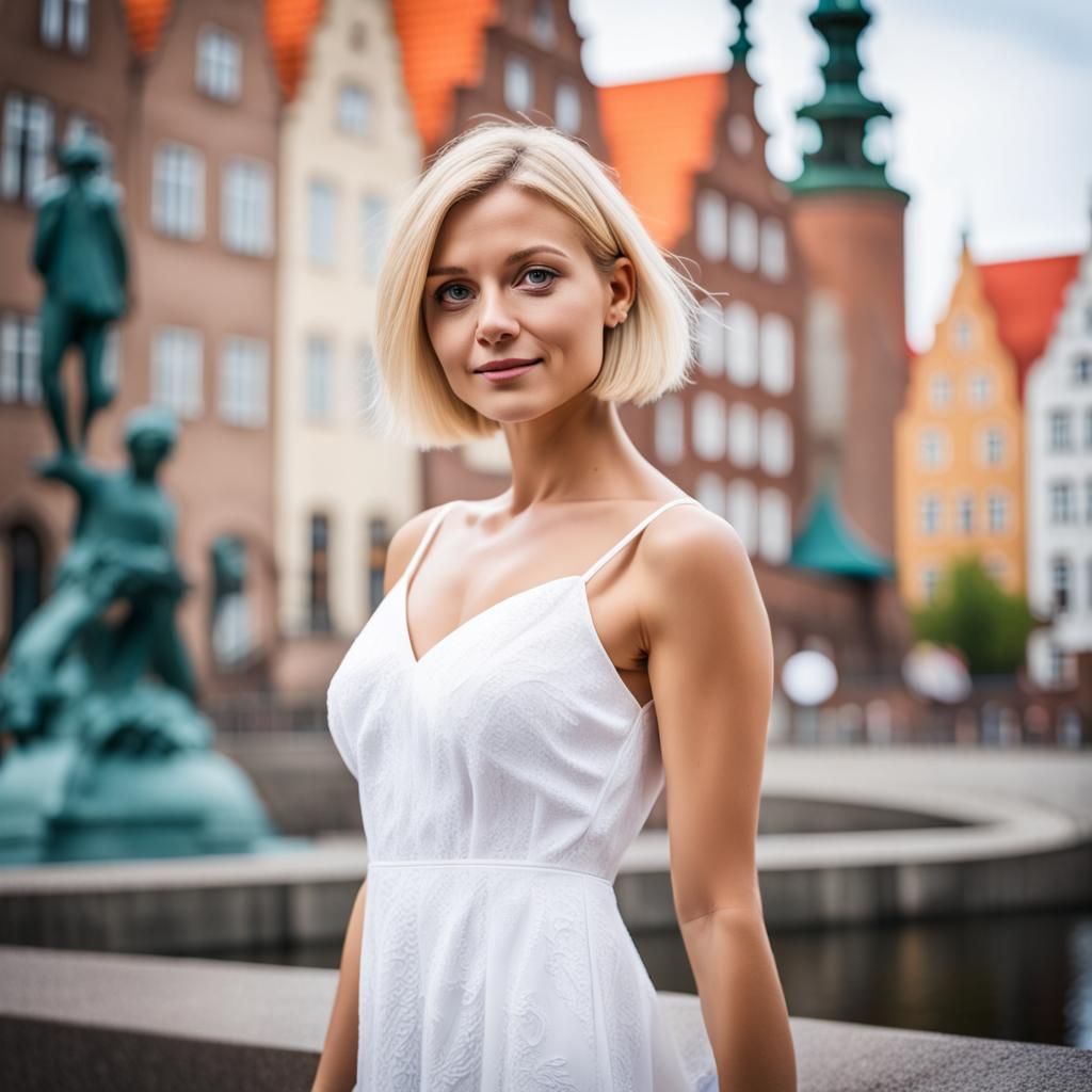 Woman in White Dress at Gdansk Neptune Statue