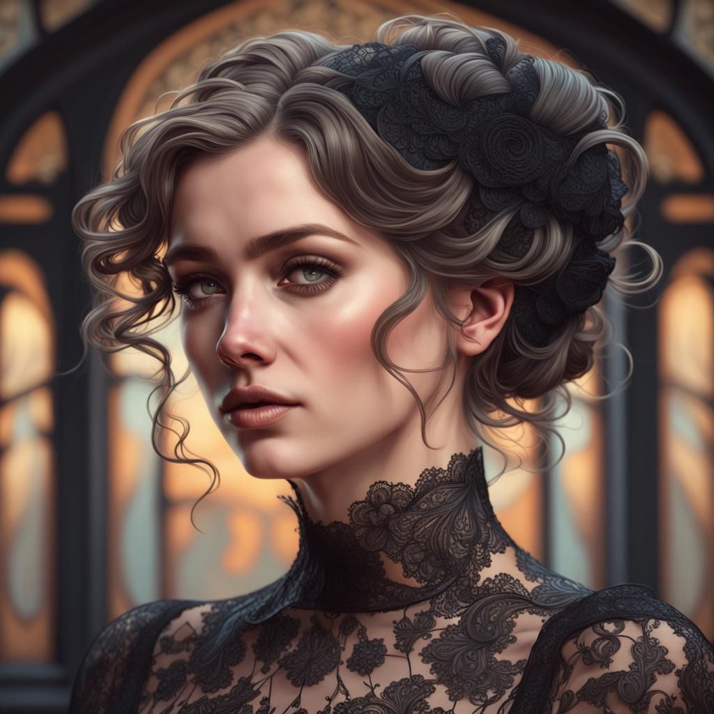 Art Nouveau Portrait of Woman in Black Lace