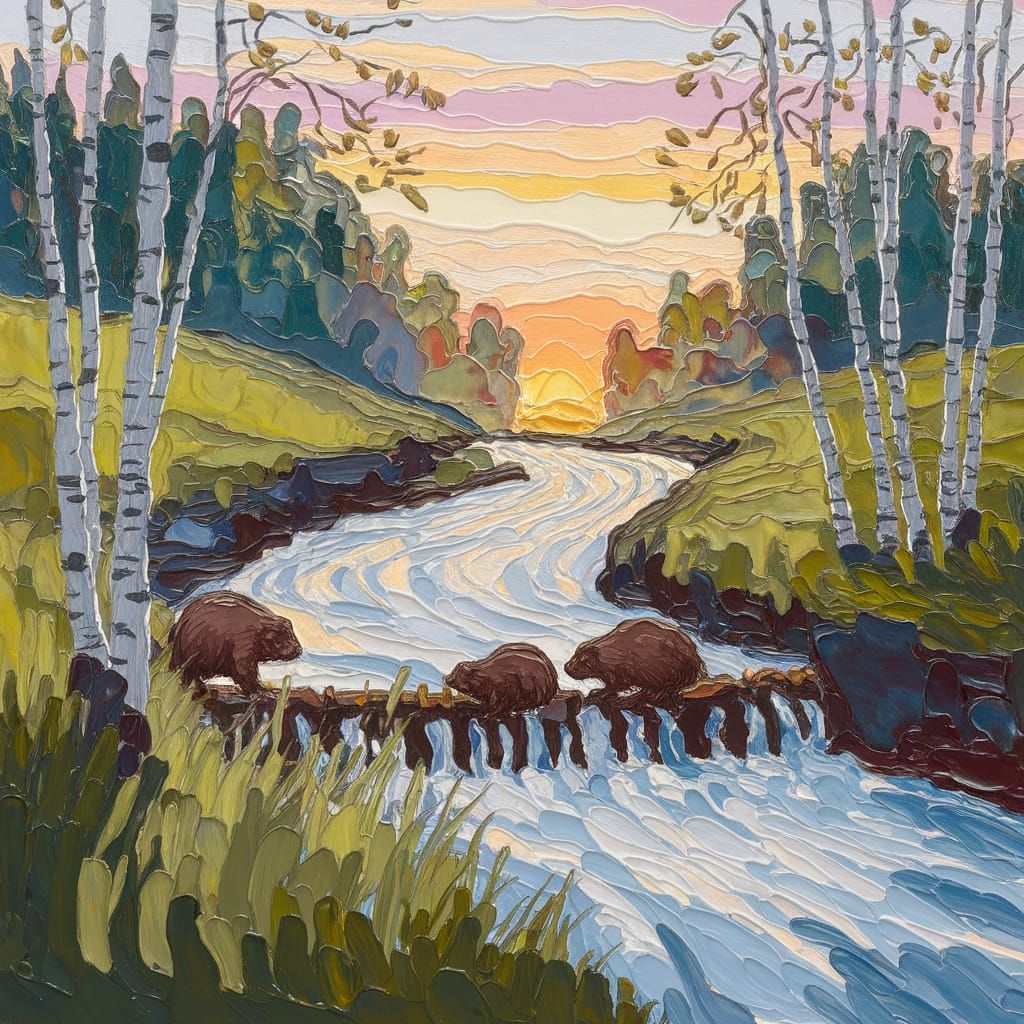Silverbirch Trees and Beavers in Gouache Style