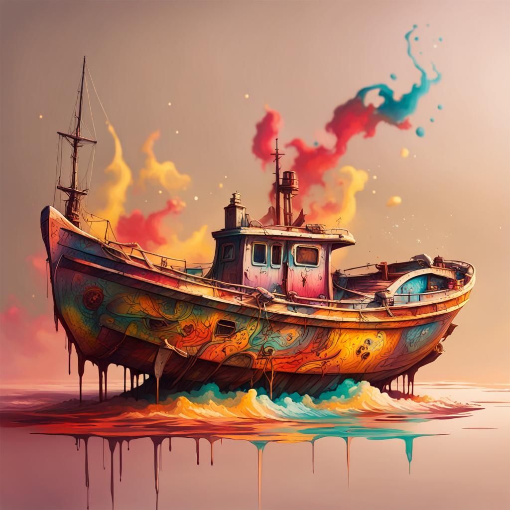 Ocean Boat in Graffiti Splash Art Style