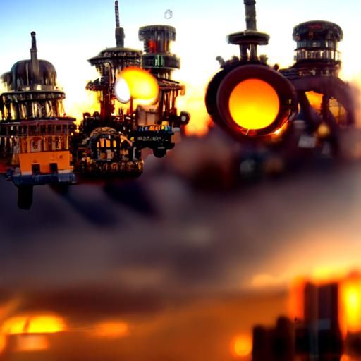 Steampunk Engine Silhouetted at Sunset Over City
