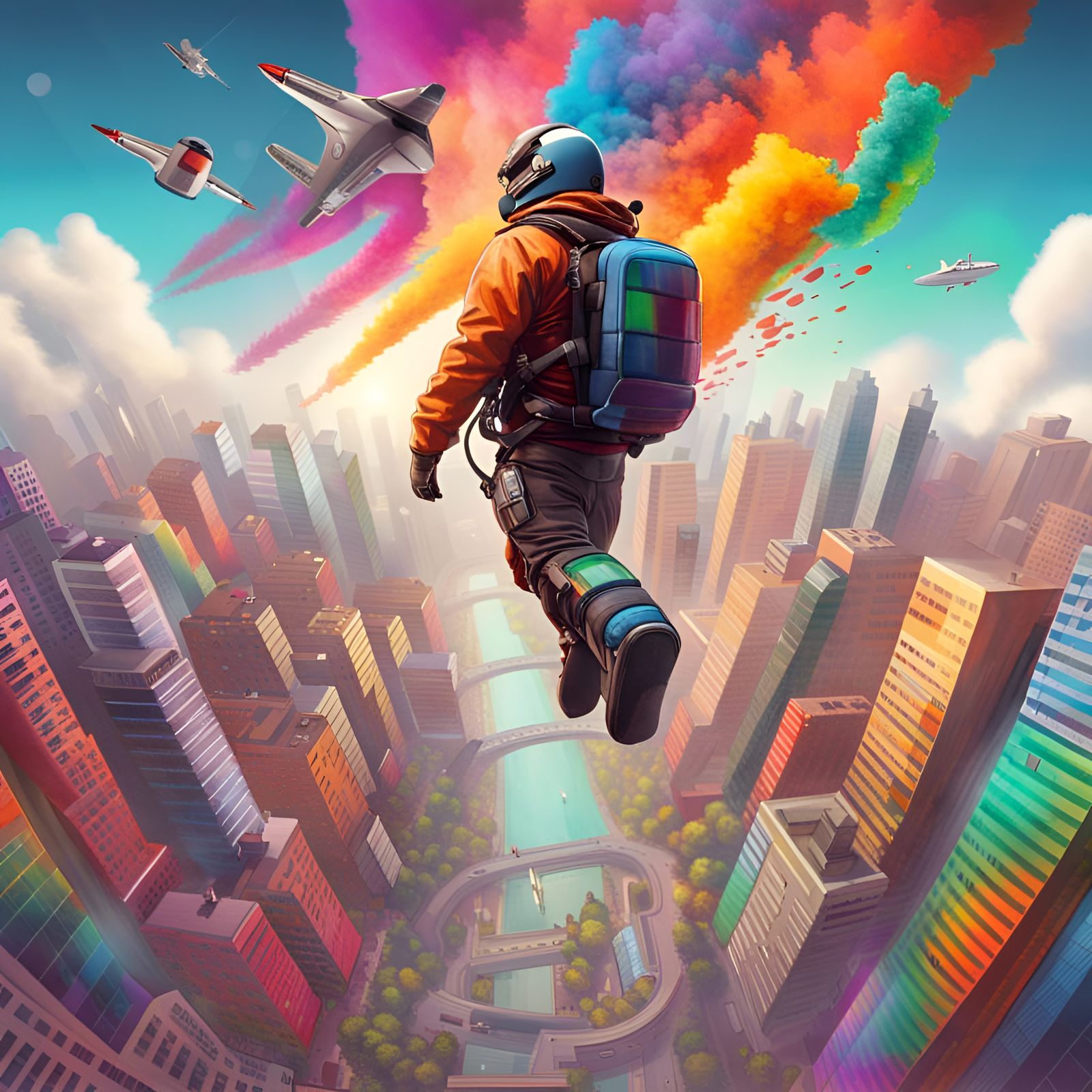 Jetpack Pilot Flies Over Colorful City