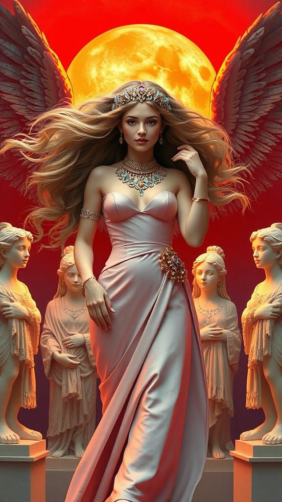 Woman with Jewels Before a Red Sun, Art Nouveau Style