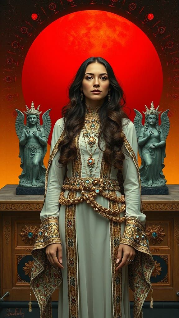 Woman with Red Sun and Opal Statues, Art Nouveau Style