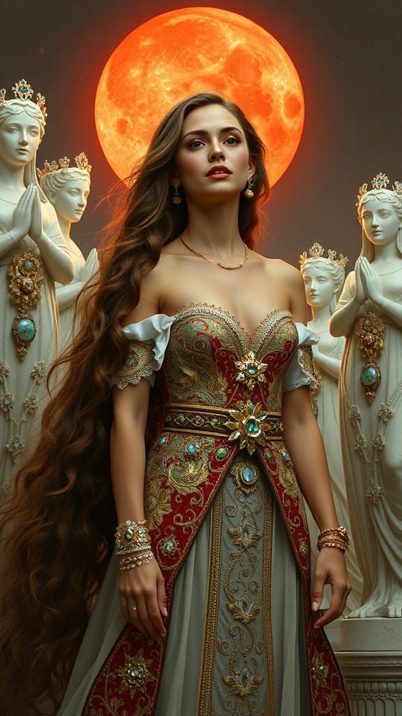 Woman Before Red Sun in Art Nouveau Style