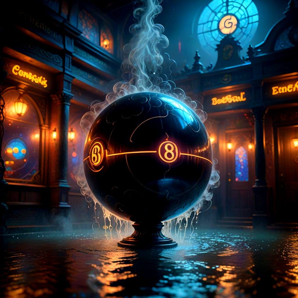 Ethereal Nighttime Pool Hall Scene with Glowing 8 Ball