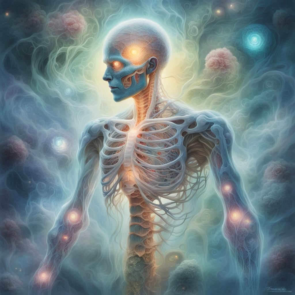 Ethereal Anatomical Being in a Misty Fantasy Landscape