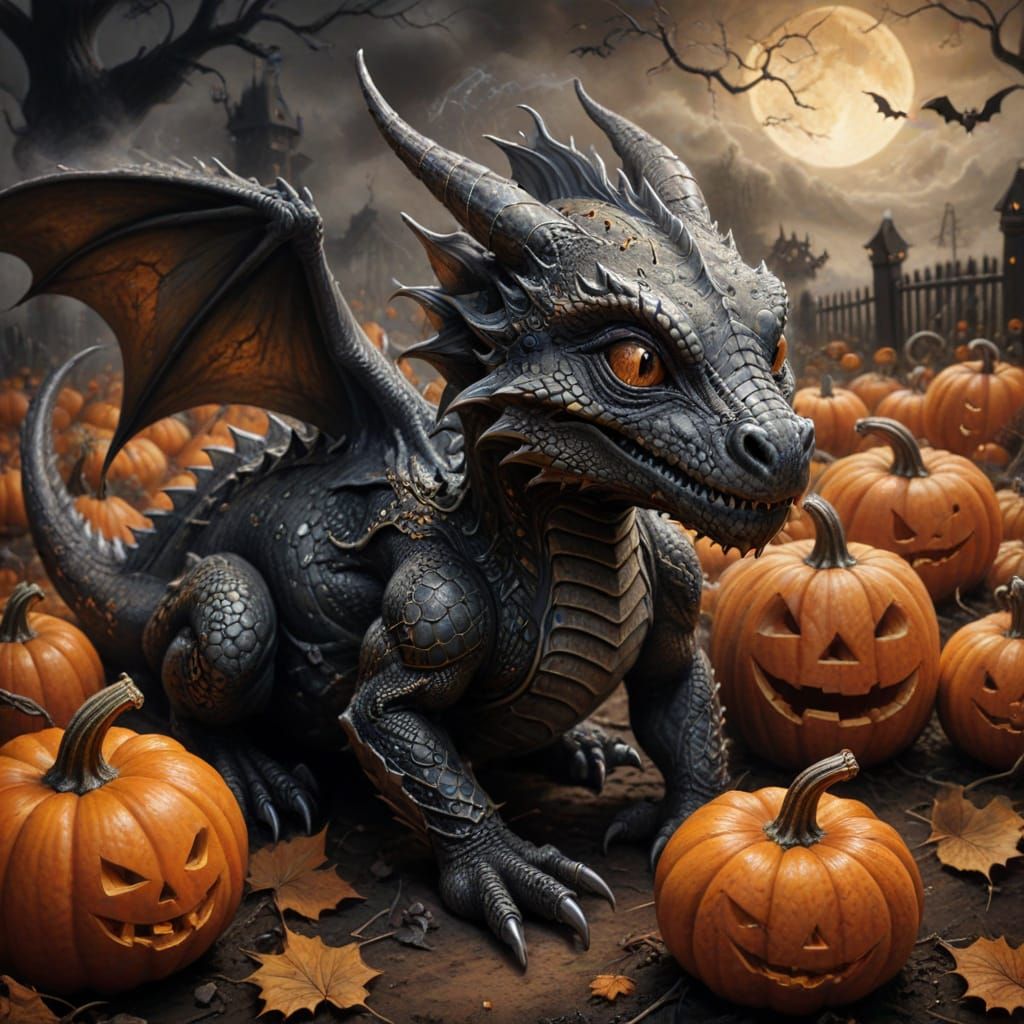 Baby Dragon Emerging From Halloween Pumpkin Patch Charcoal D...