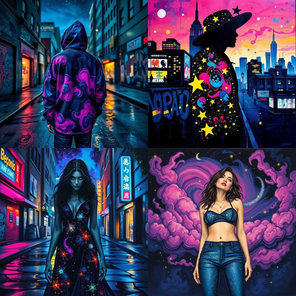 Vibrant Night Sky Fashion in Graffiti Art Style