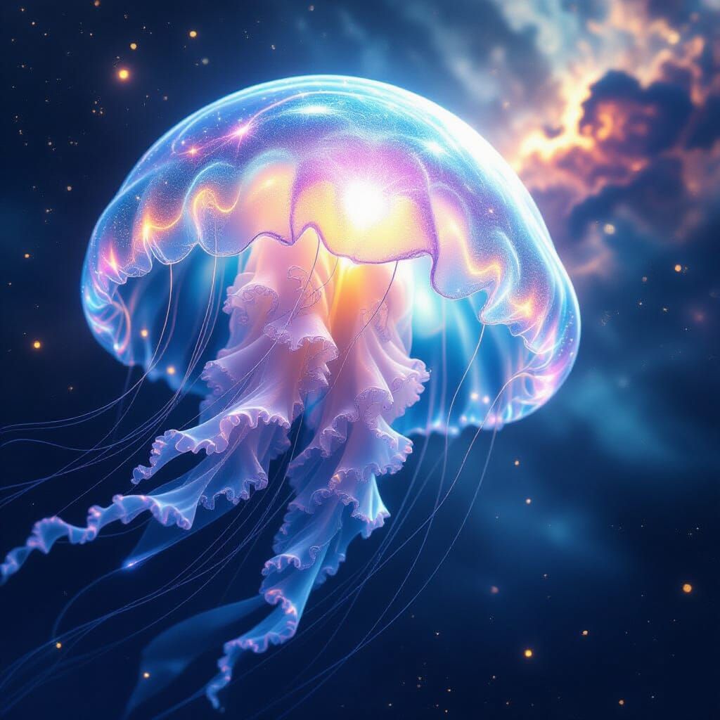 Cosmic Jellyfish Drifting Through Nebula in Bioluminescent G...
