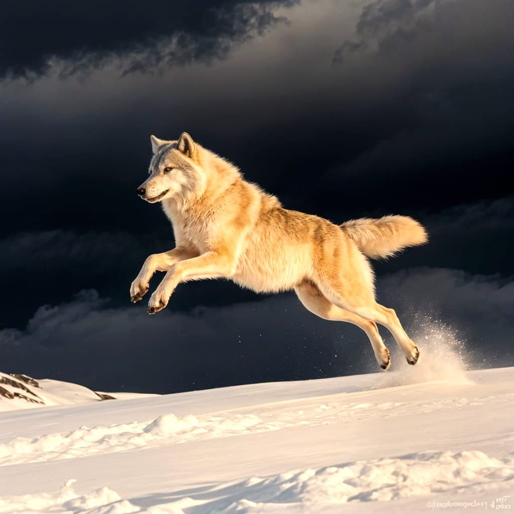 Arctic Wolf Leaping in Golden Hour Light