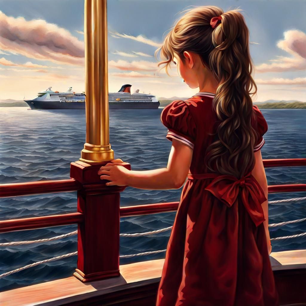 Girl on Cruise Ship Deck in Hyperrealistic Style