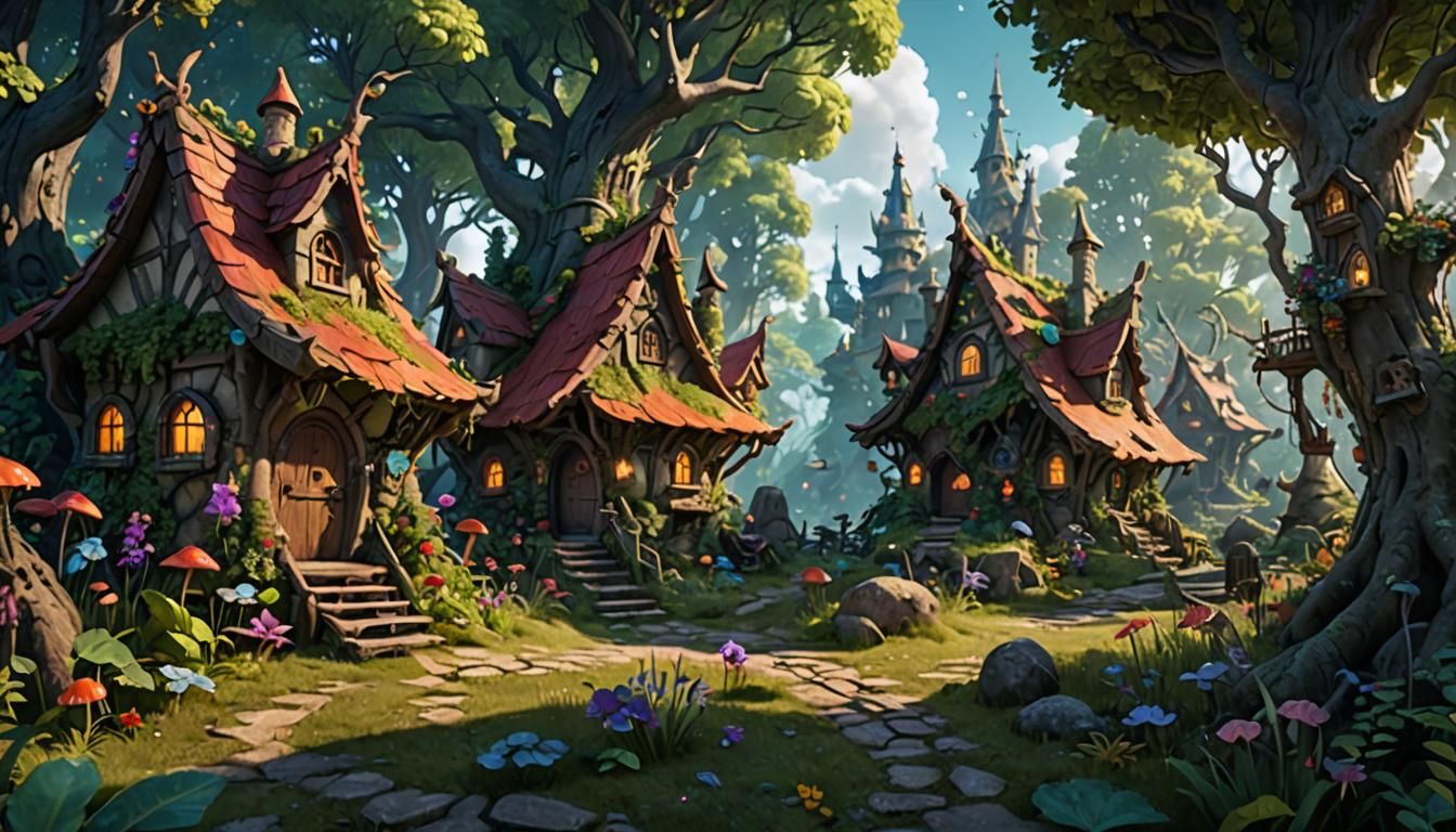 Fantastical Fairy Village in Forest Concept Art
