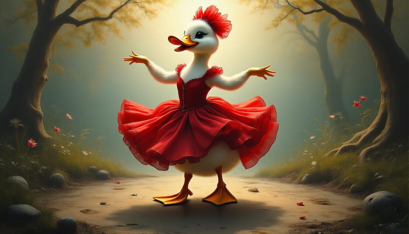 Dancing Duckling in Red Dress: Surreal Mixed Media Art
