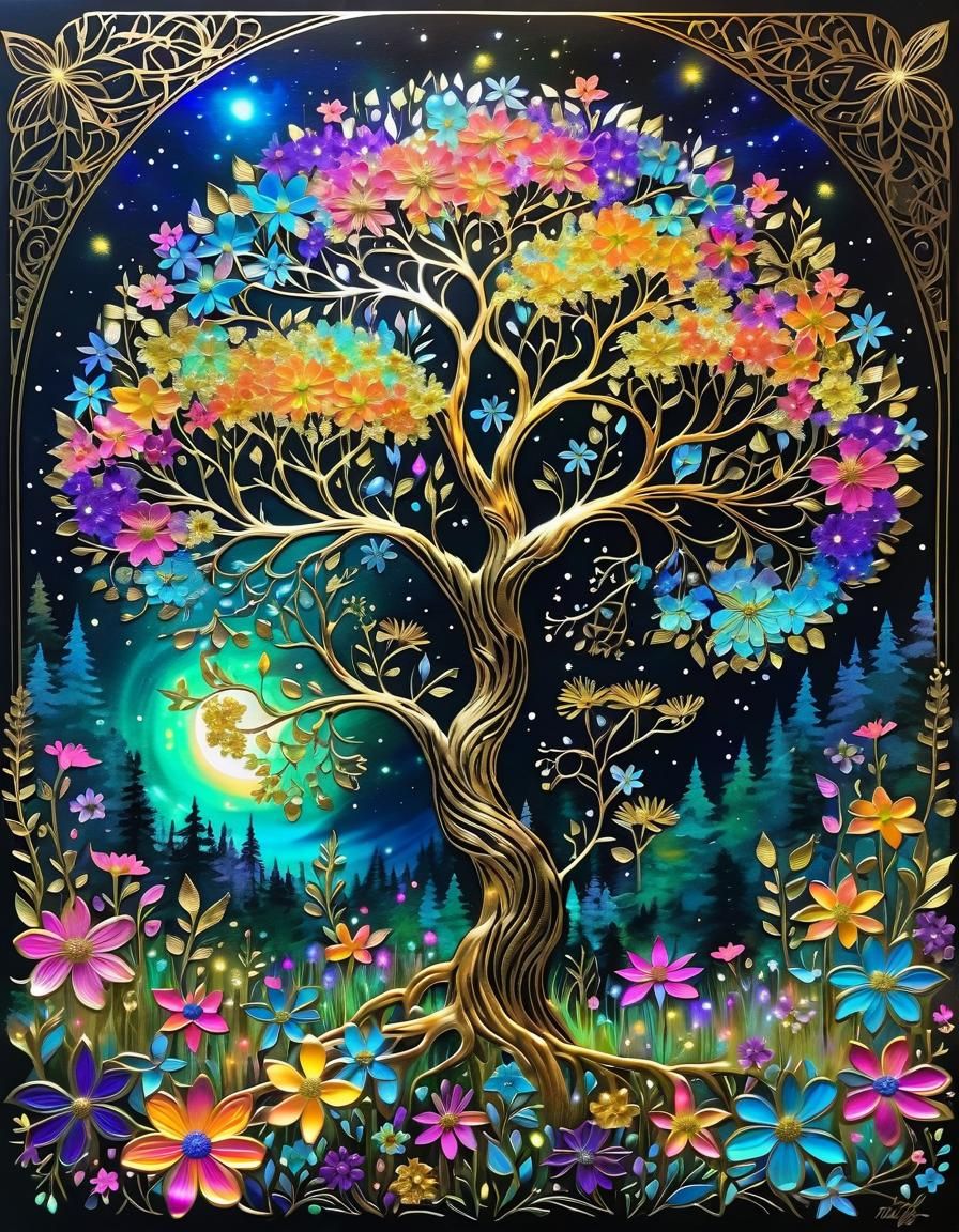 Bioluminescent Tree of Life in Moonlight