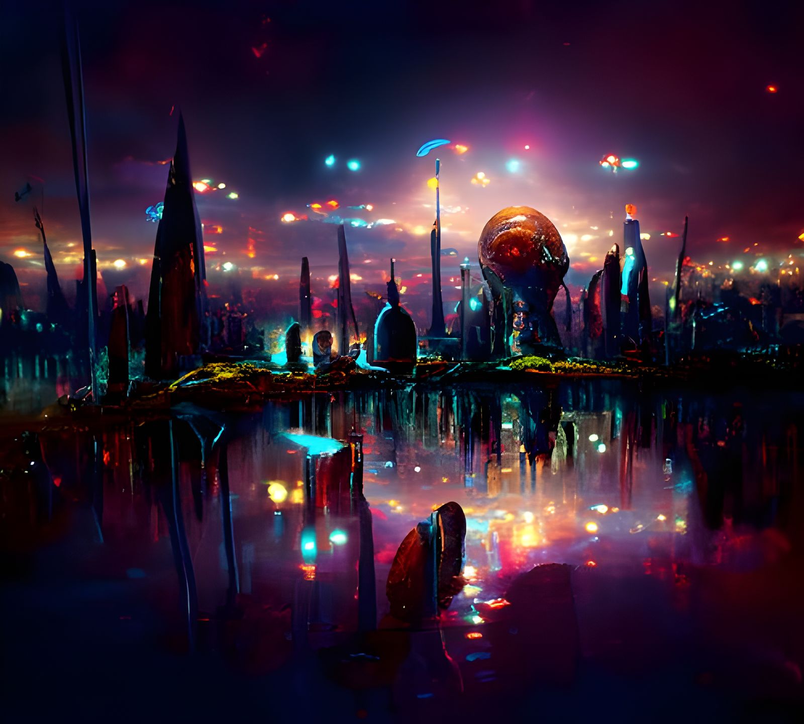 Surreal Alien Cityscape by Lake: Digital Matte Painting