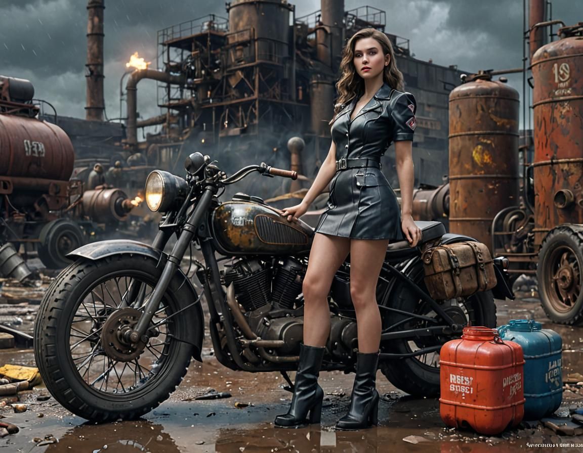 Dieselpunk Girl and Motorcycle in Industrial Factory