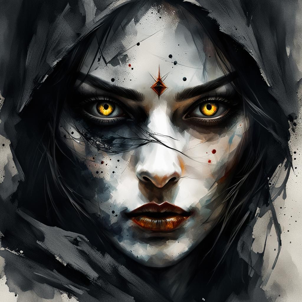 Hazel-Eyed Assassin Portrait with Watercolor Accents