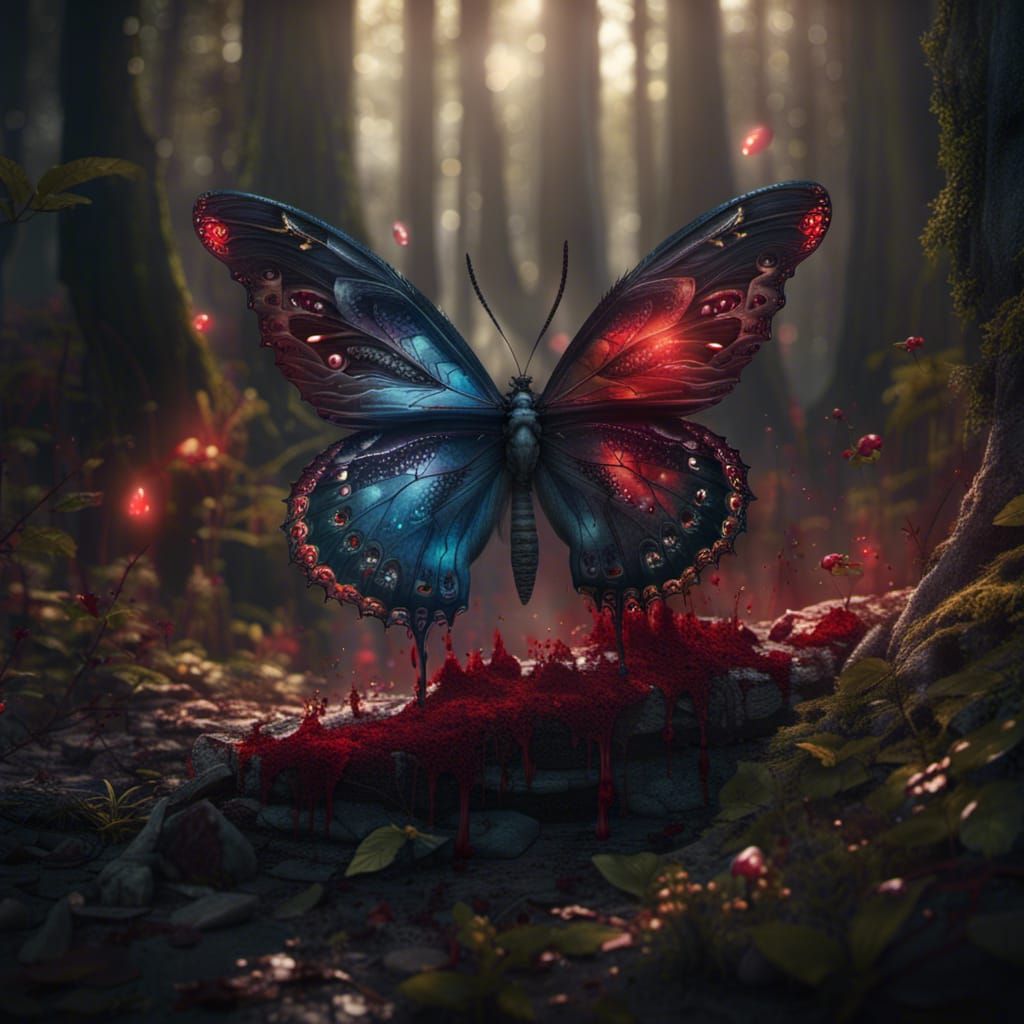 Butterfly with Blood Stains in Dark Forest