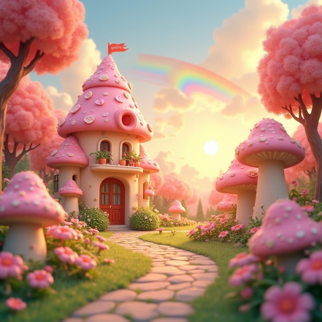 Fantasy Park at Sunset in Pixar Animation Style