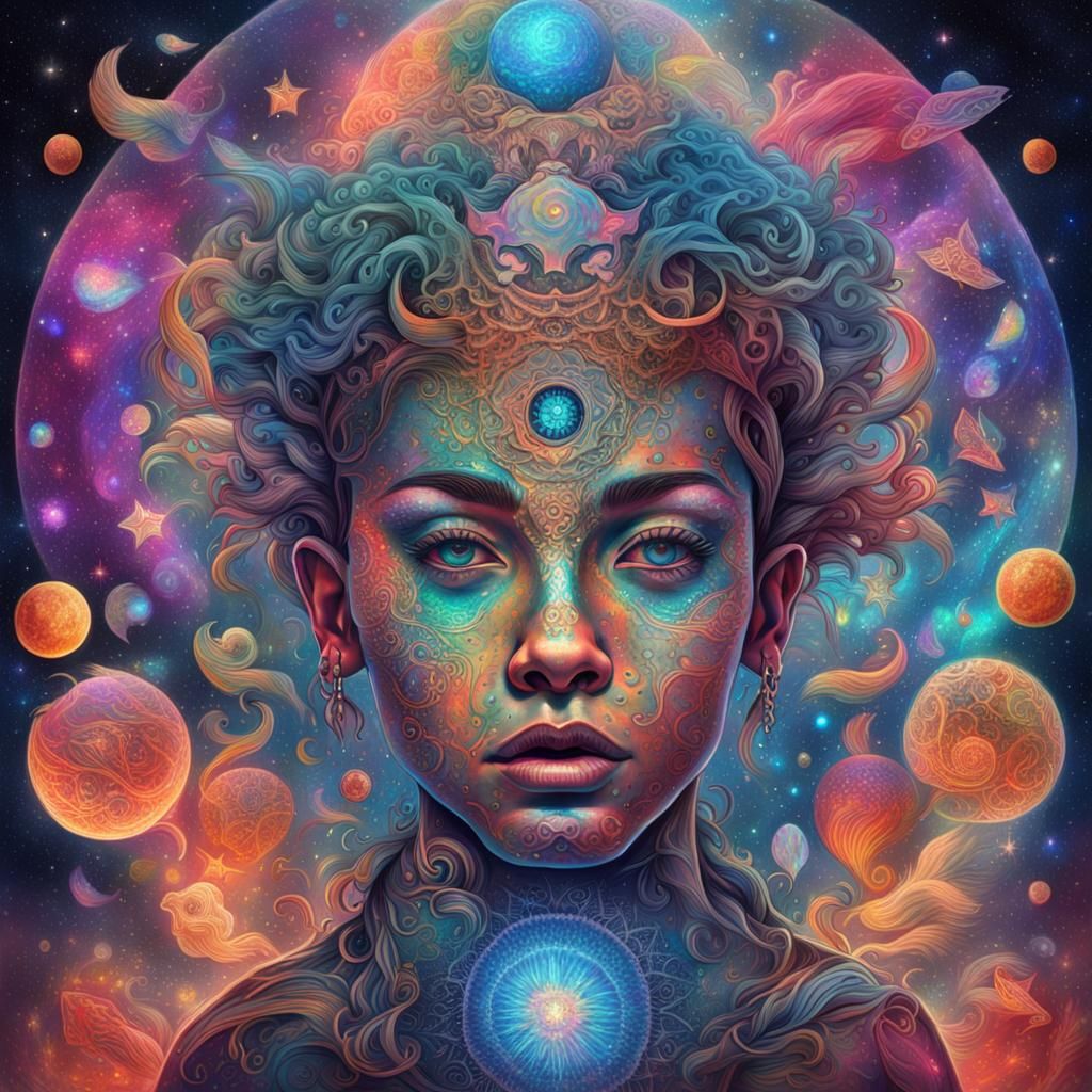 Holographic Cosmic Tattoos: A Mixed Media Illustration