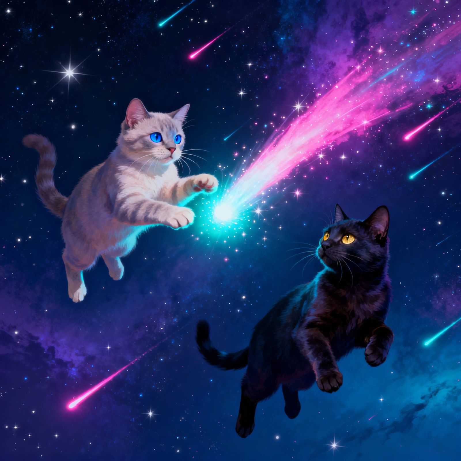 Cats Floating in Space Amidst Cosmic Wonders
