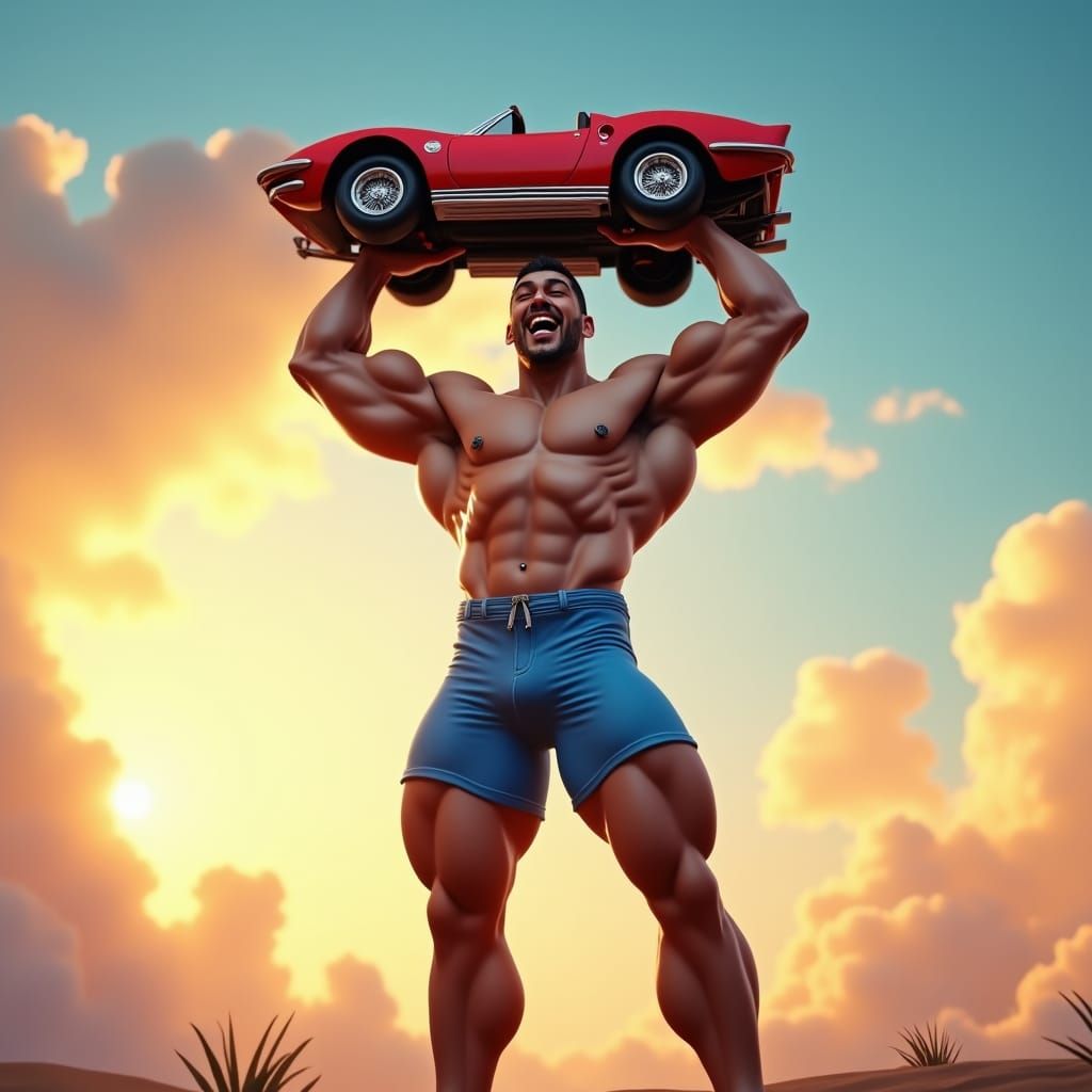 Colossal Bodybuilder Lifts Car: Digital Concept Art