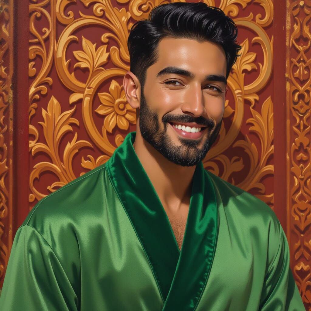 Handsome Man in Emerald Velvet Robe, Impressionist Oil Paint...