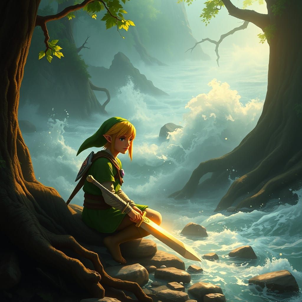 Link Sitting by the Turbulent River in Tears of the Kingdom