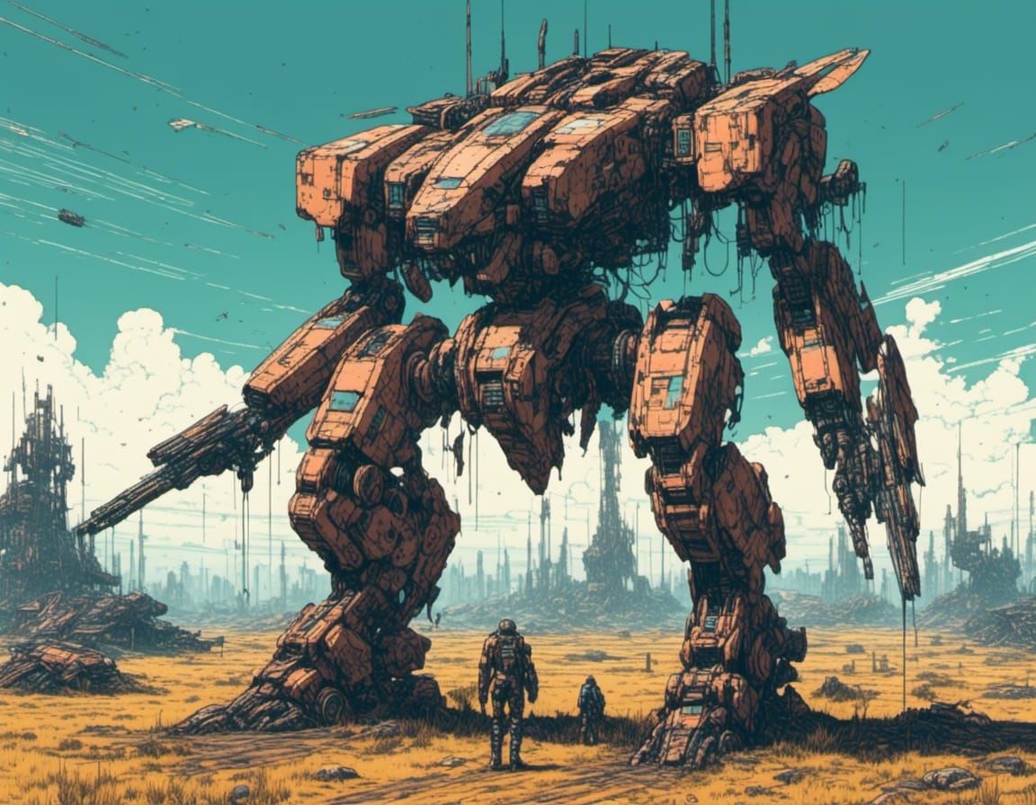 Ruined Quadrupedal Mecha on Battlefield