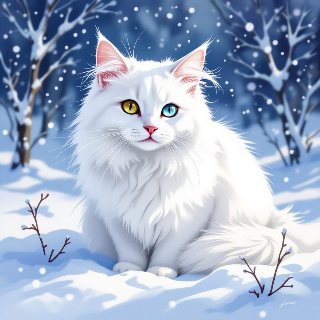 Watercolor: A Beautiful White Cat in Snow