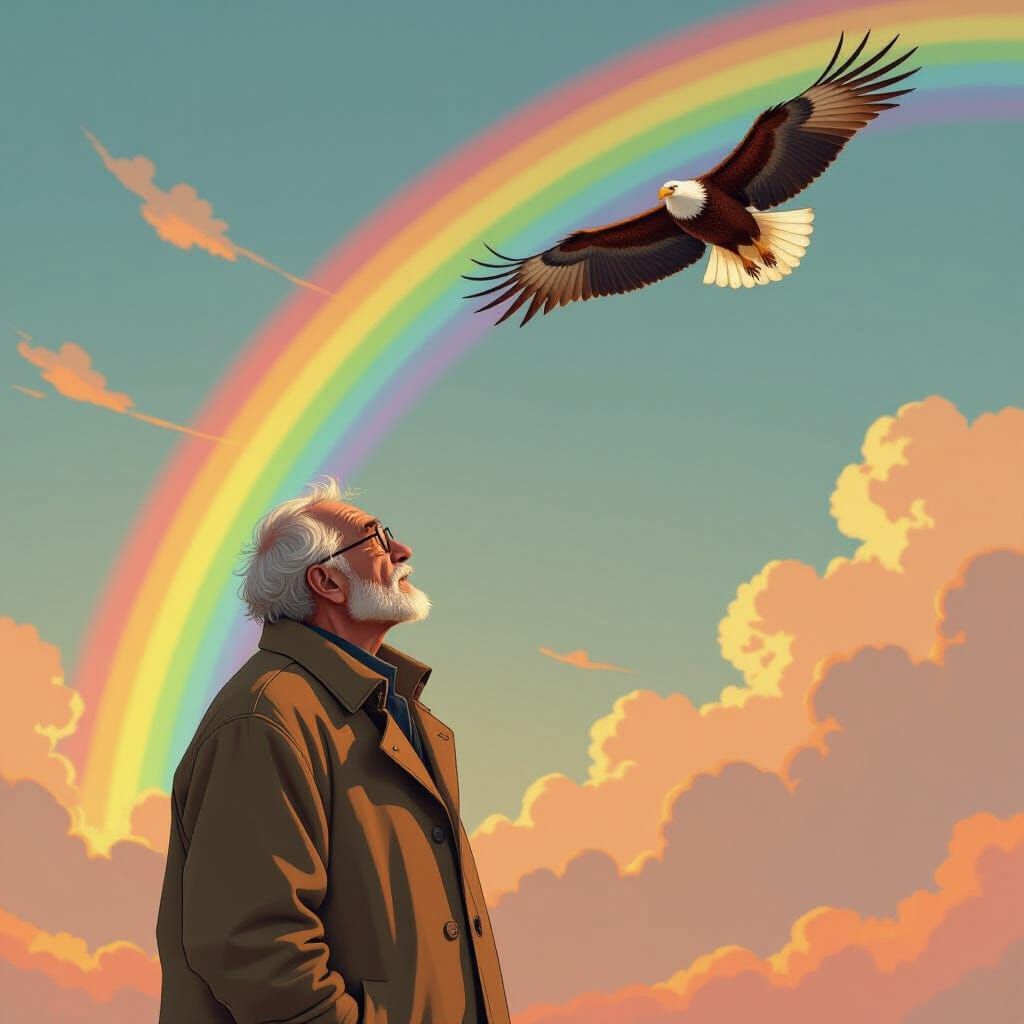 Eagle Soaring in Rainbow Sky, Dreamy Art Style