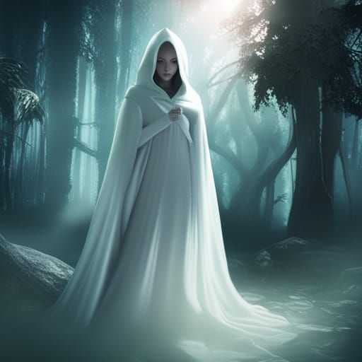 Mysterious Hooded Girl in Forest with White Aura