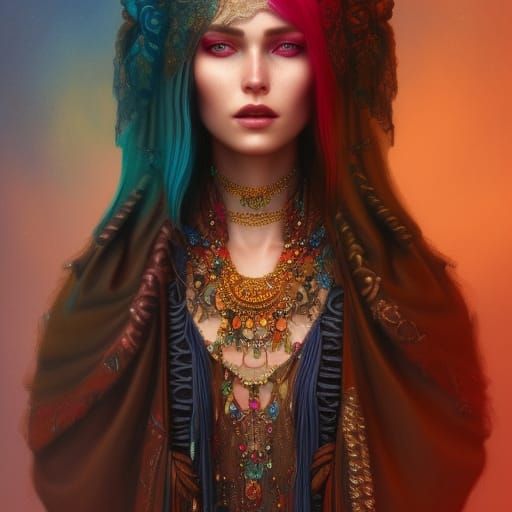 Colorful Gypsy Lady Portrait, Detailed Digital Painting