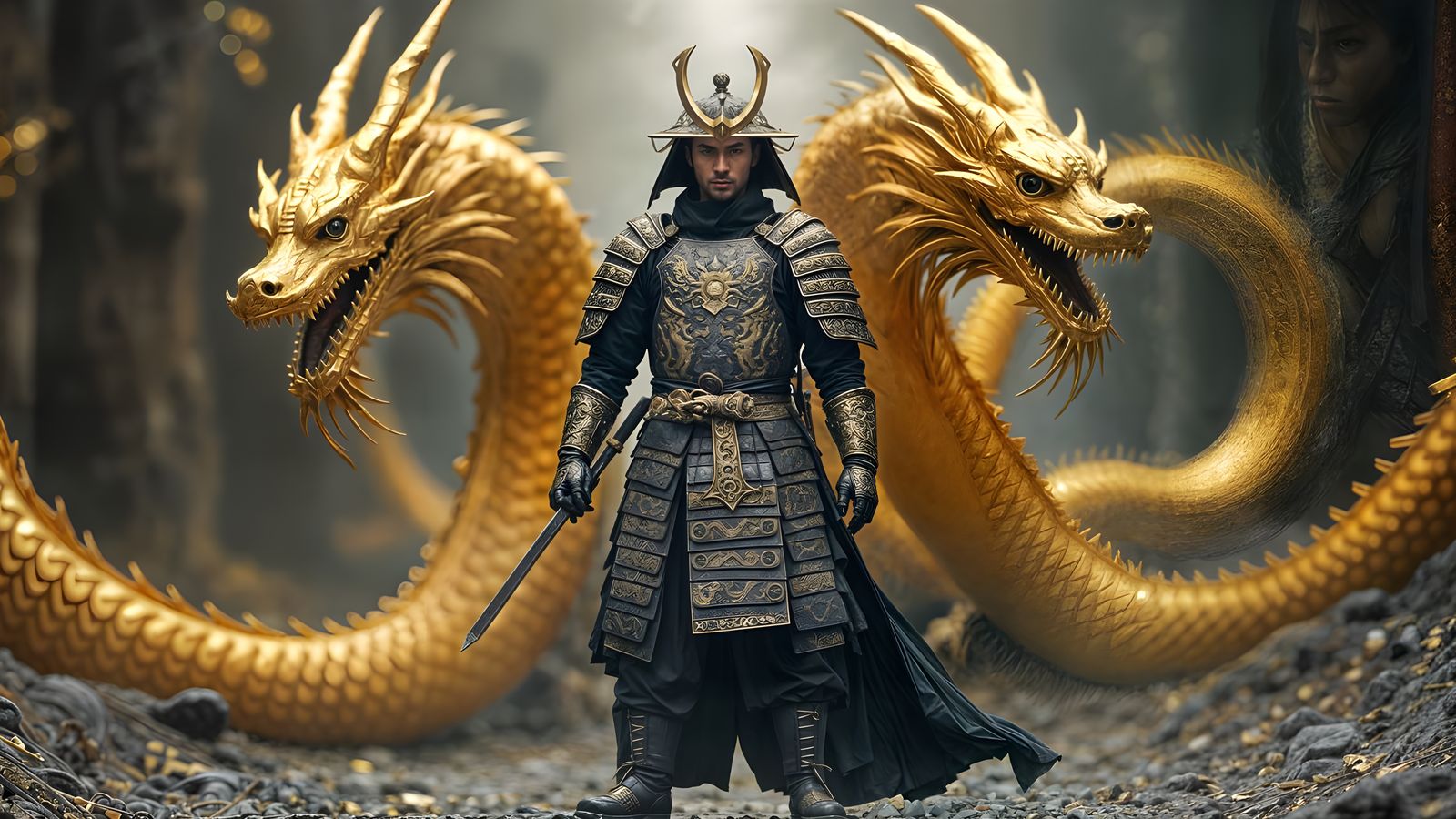 Ronin with Dragons in Gold and Black Armor