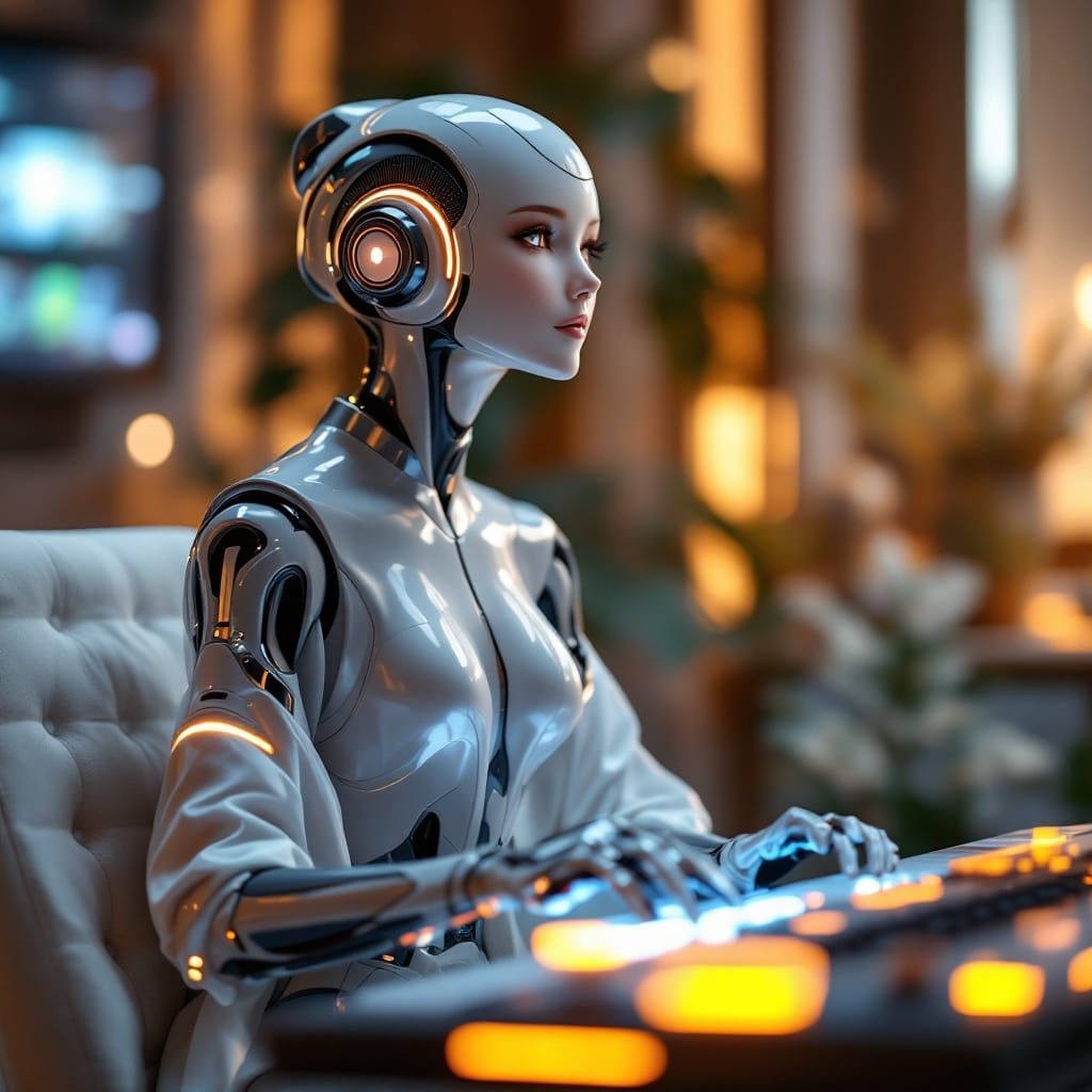 Futuristic Humanoid Companion in Serene Music Therapy Space