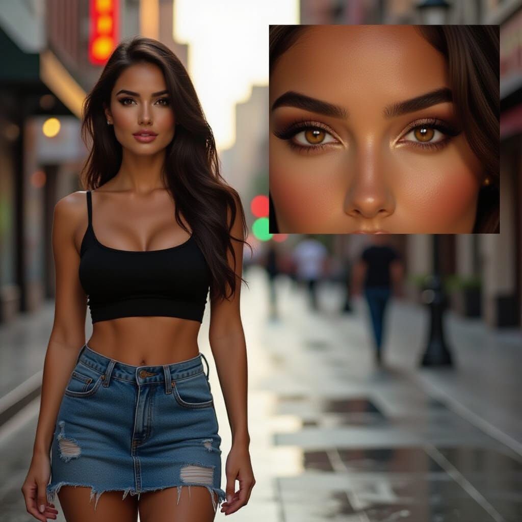 Brunette Walks City Street at Golden Hour