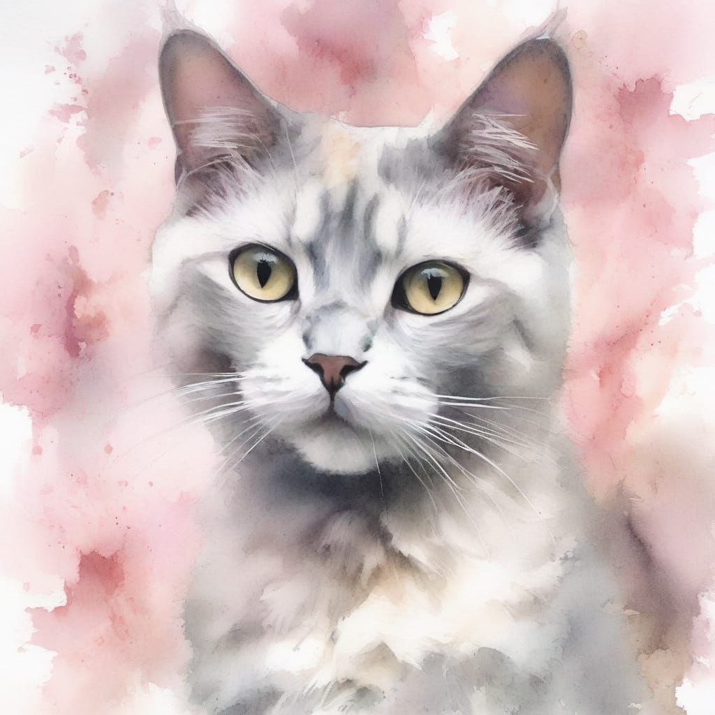 Ghost Cat in Soft Pastel Hues, Ink Splash Watercolour
