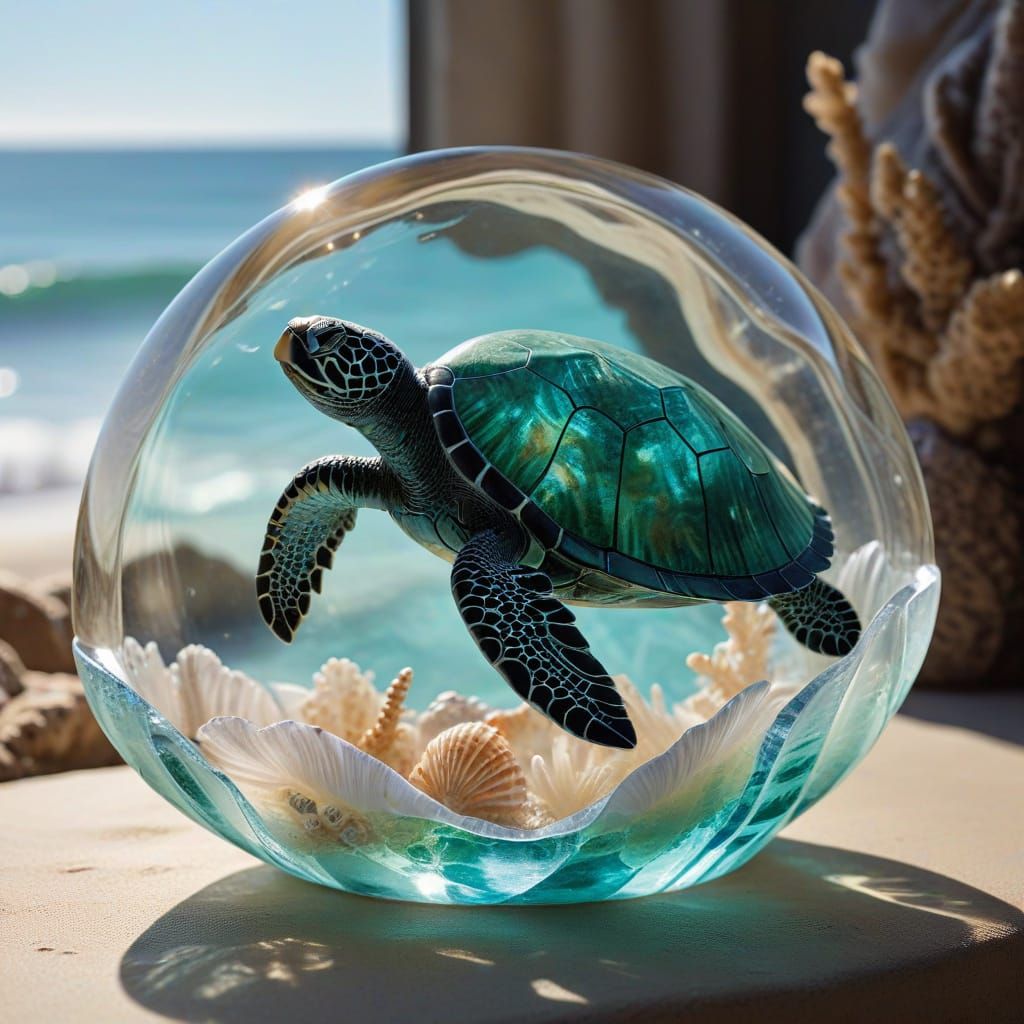 Sea Glass Turtle Sculpture in Art Deco Style