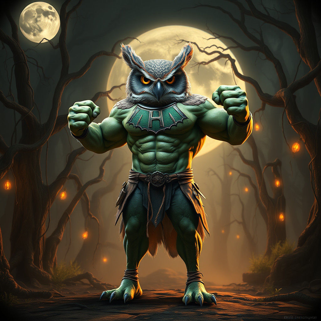 Muscular Owl Hulk Hero Stands Tall in Fantasy Forest