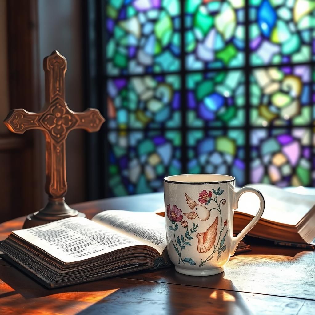 Stained Glass Window, Cross, Bible, and Coffee