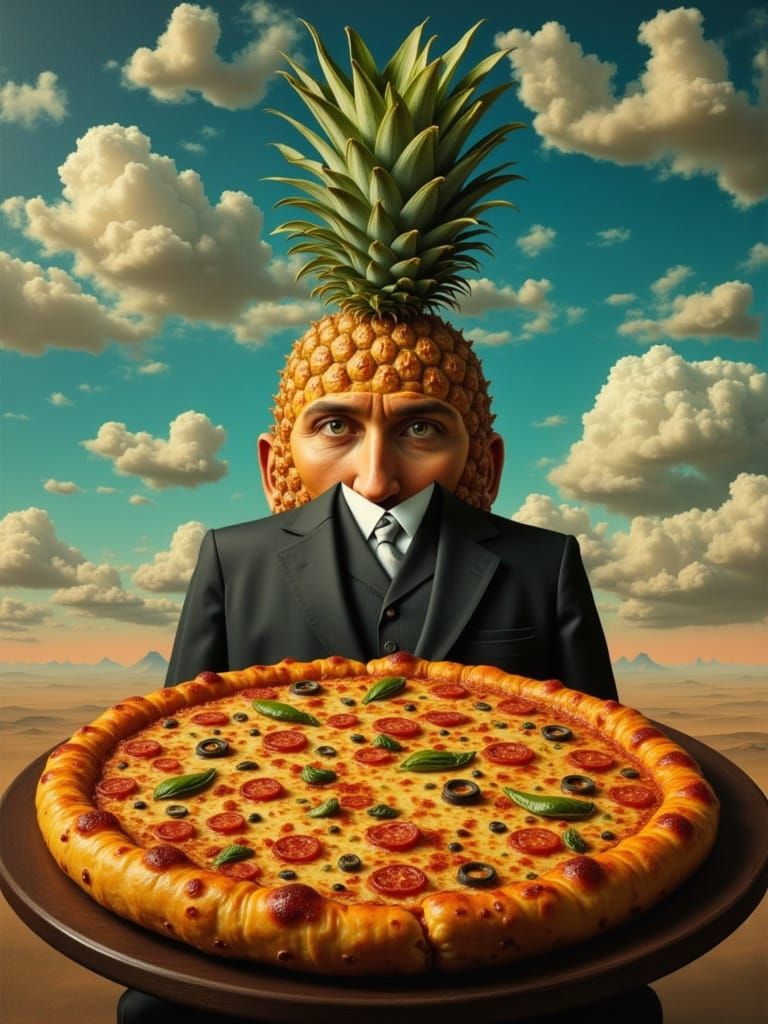 Surreal Pineapple Pizza Painting in Dalí & Magritte Style