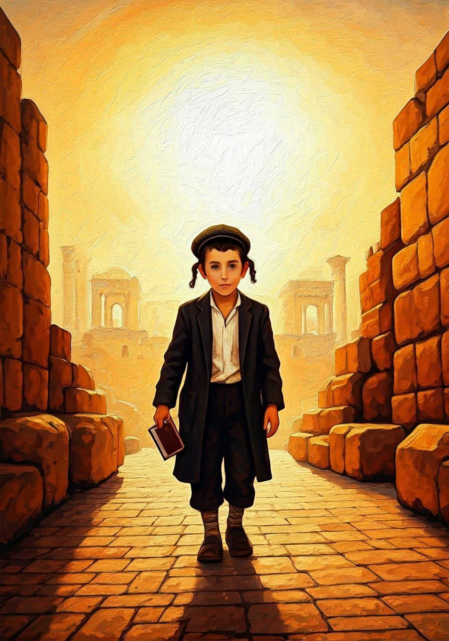 Hasidic Boy in Jerusalem Ruins: Neo-Impressionist Painting