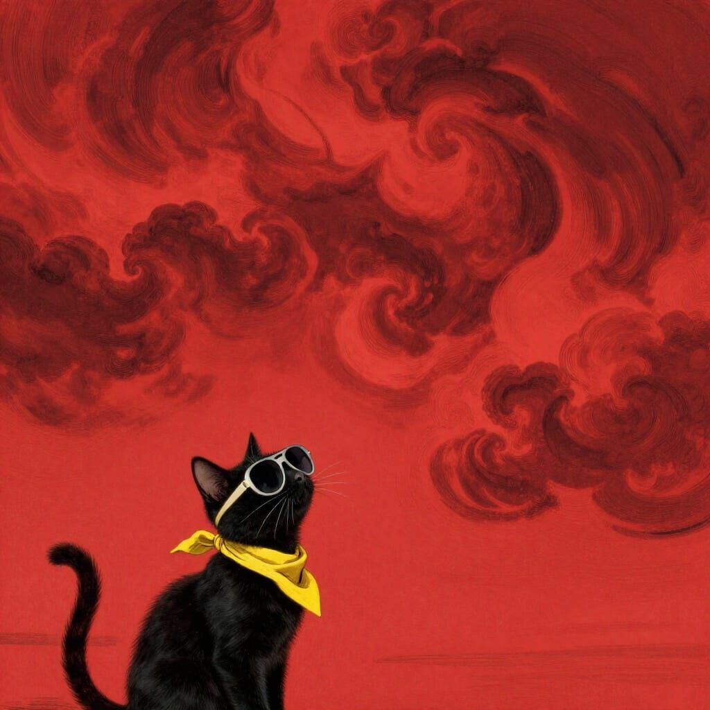 Tiny Cat Under Violent Red Sky