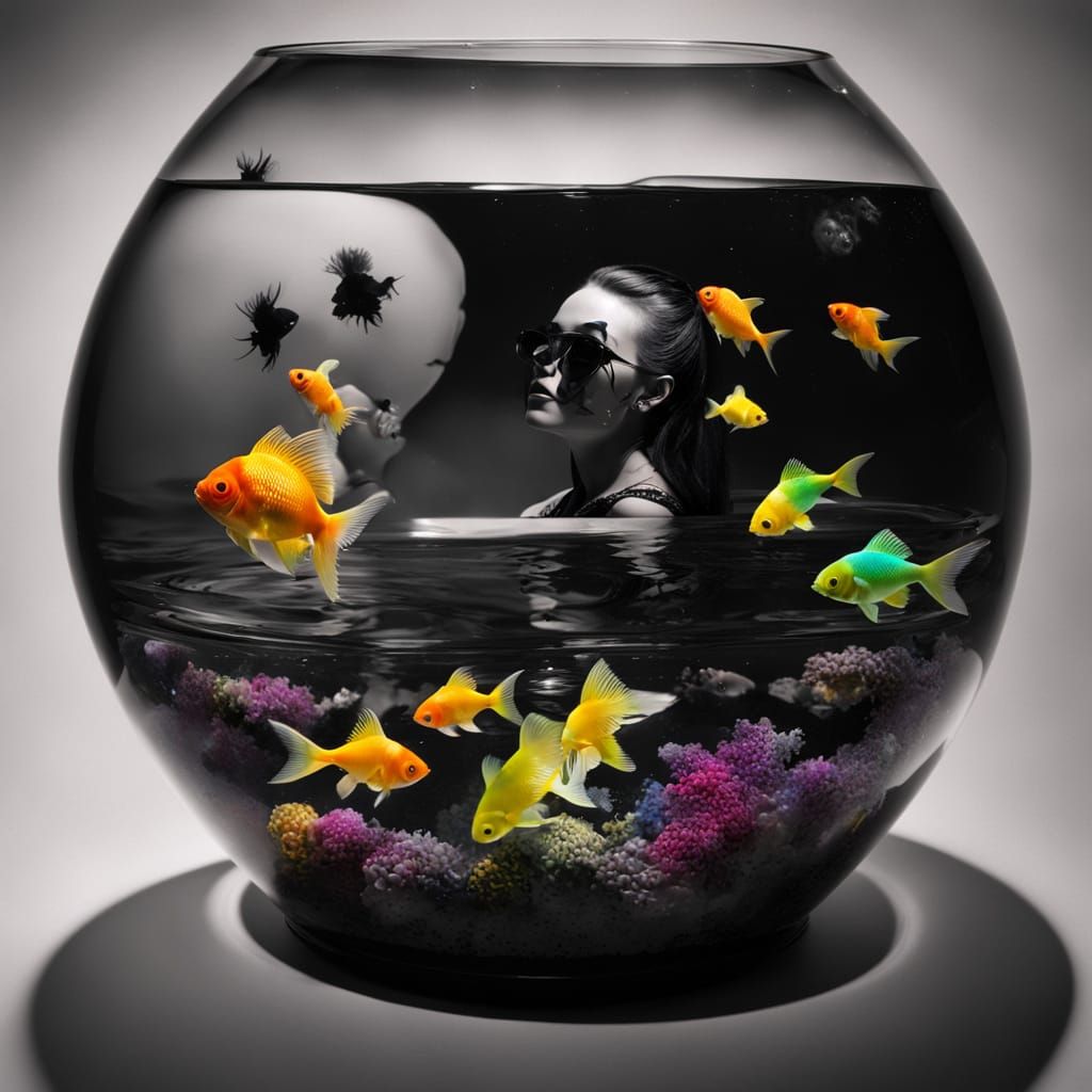 Goth Woman in a Dreamlike Emo Fishbowl with Rainbow Fairy
