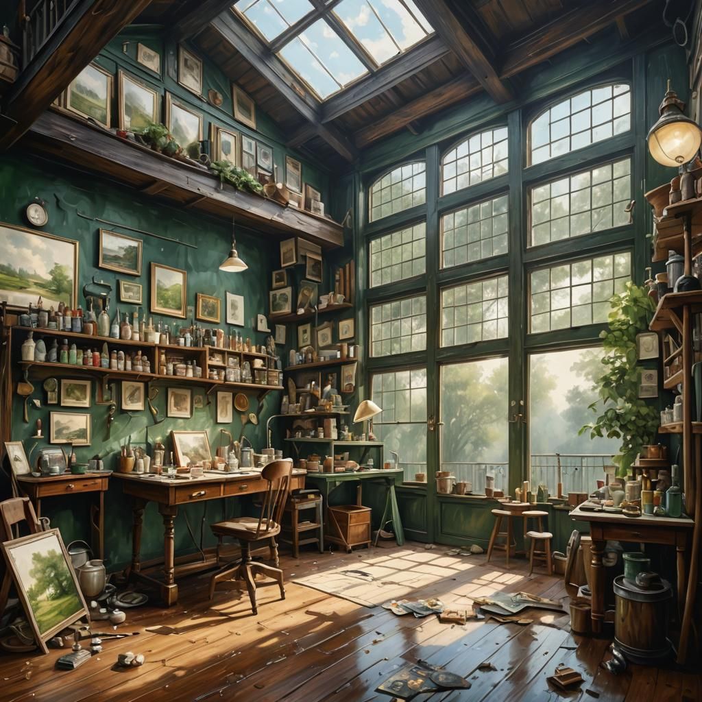 Antique Painter's Workspace in Airbrush Oil Paint Style